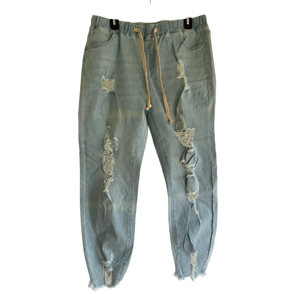 American Bazi RJJ-2819P Light Wash Distressed Denim Joggers Womens 1X NEW